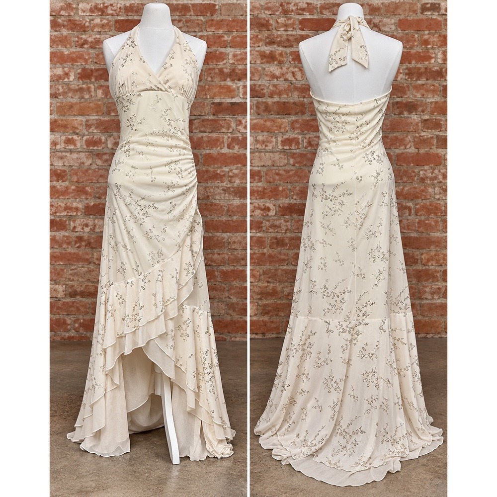 VTG Y2K Taboo Floral Halter Ruffle Maxi Dress Fairy Coquette Formal Prom